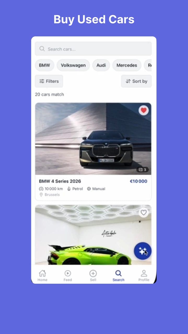 App AutoBelge : résultats de recherche avec des annonces de voitures à Bruxelles