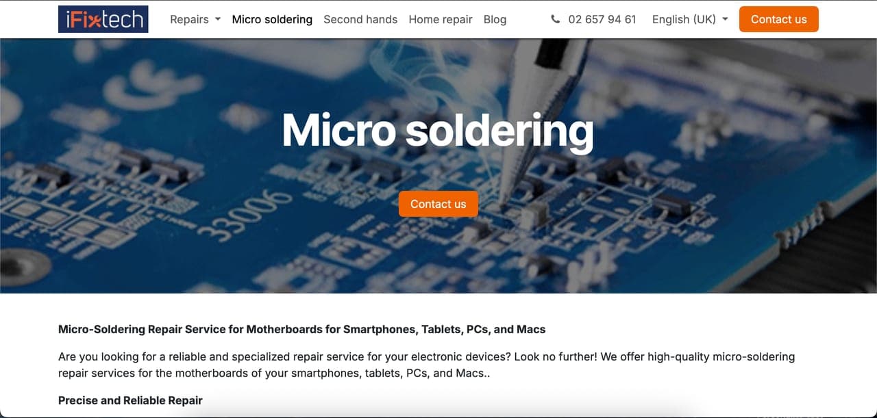Site web d'iFixTech : page micro-soudure avec une carte mère
