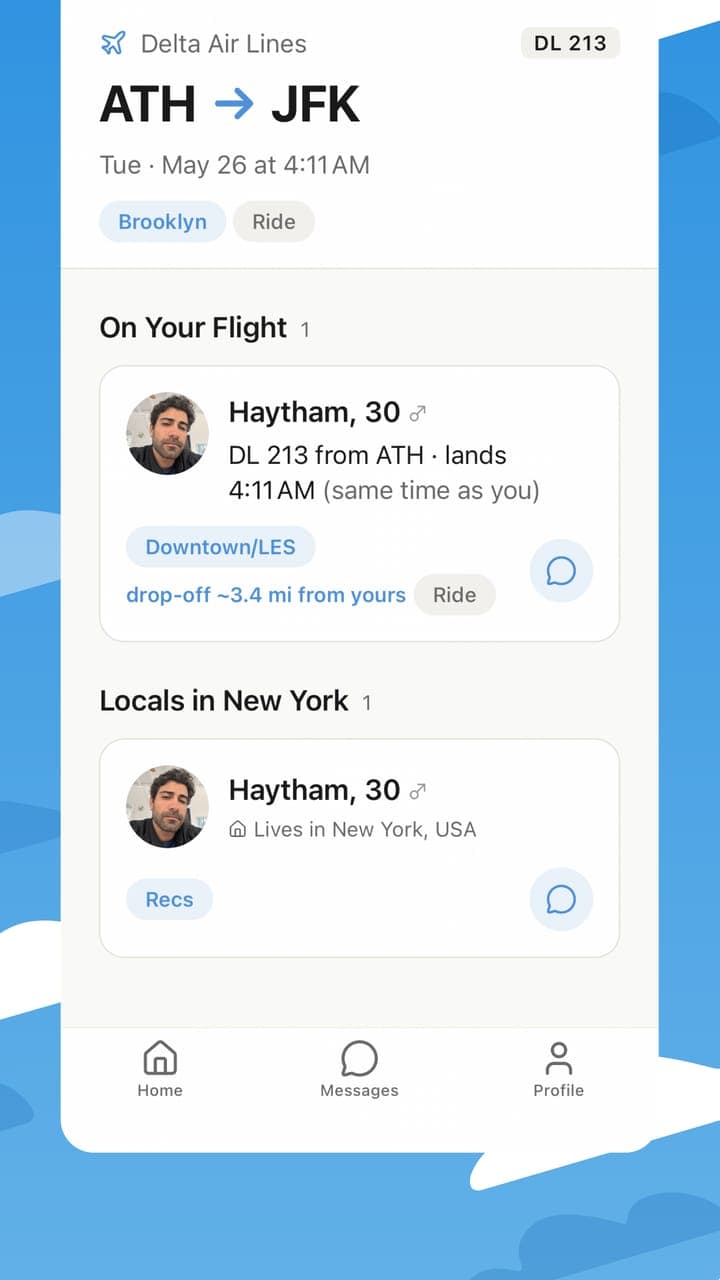 App Landr : détail d'un vol avec les voyageurs qui atterrissent à la même heure